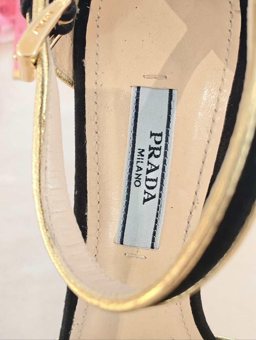 Prada Black/Gold Suede And Leather Open Toe Ankle Strap Platform Sandals - Picture 10 of 11